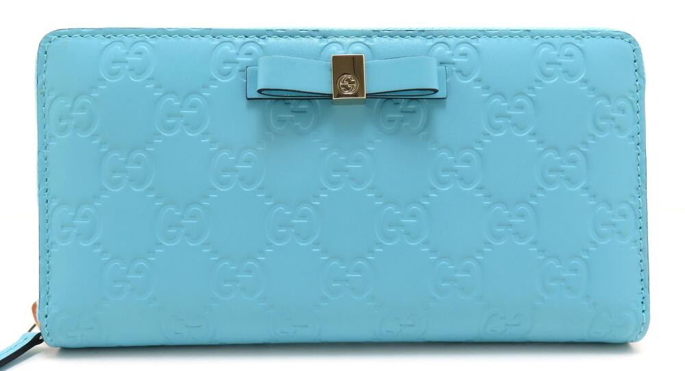 Gucci Guccissima Round Long Wallet Ribbon Tie Blue Calfskin